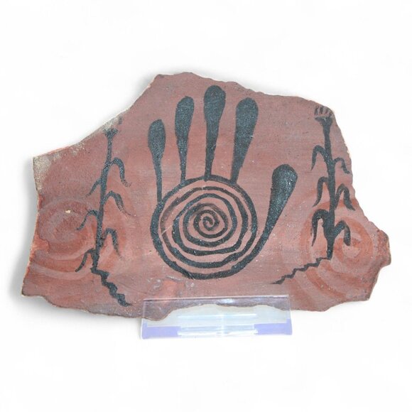 Signed Hand-Painted Native American Style Red Clay Pottery Shard With Spiral Han - Picture 1 of 2